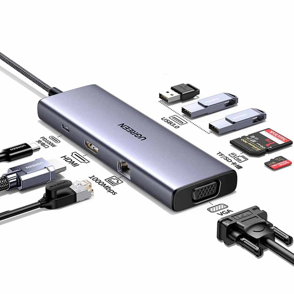 HUB ADAPTADOR USB UGREEN CM498 1*USB-C A 1*USB-C 3*USB-A 3.0 1*HDMI 1*VGA 1*3.5MM LECTOR TARJETAS 100W CARGA