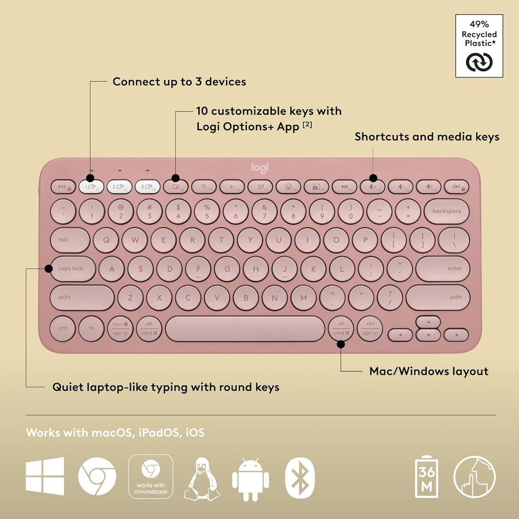 TECLADO LOGITECH PEBBLE KEYS 2 K380S BT5.4 ESPAÑOL ORO ROSA