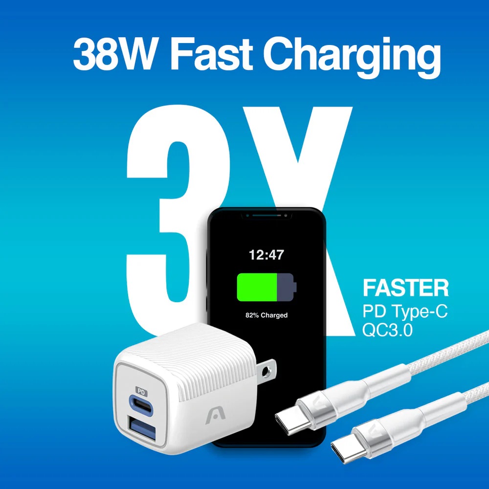 CARGADOR+CABLE ARGOM ARG-AC-0155WT 1*USB-C 1*USB-C 38W CARGA RAPIDA BLANCO