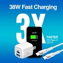 CARGADOR+CABLE ARGOM ARG-AC-0155WT 1*USB-C 1*USB-C 38W CARGA RAPIDA BLANCO