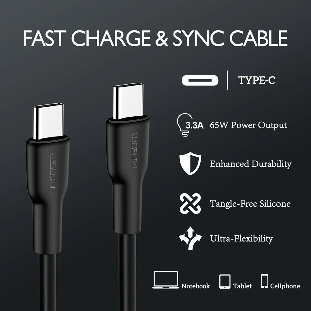 CABLE ARGOM ARG-CB-0070BK 65W 1*USB-C A 1*USB-C 1.8M FORRO SILICON NEGRO