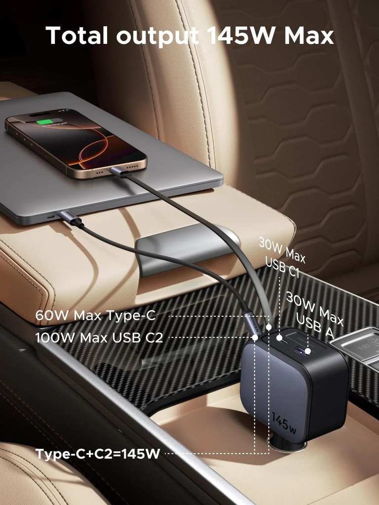 CARGADOR+CABLE RETRACTIL P/CARRO UGREEN EC604 1*USB-A 3*USB-C 145W 55910B
