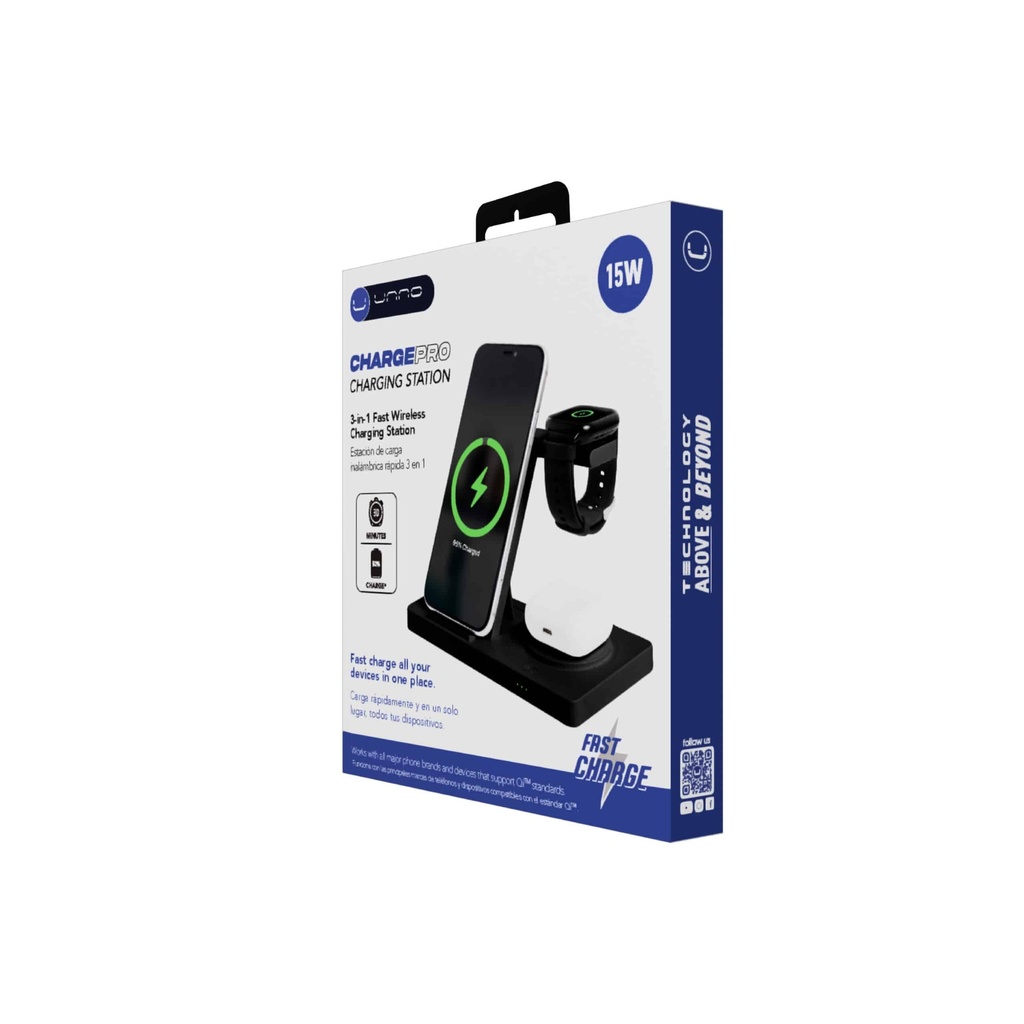 ESTACION DE CARGA INALAMBRICA UNNO TEKNO PW5119BK 15W 1*CELULAR 2*SMARTWACH 3* EARPODS CARGA RAPIDA