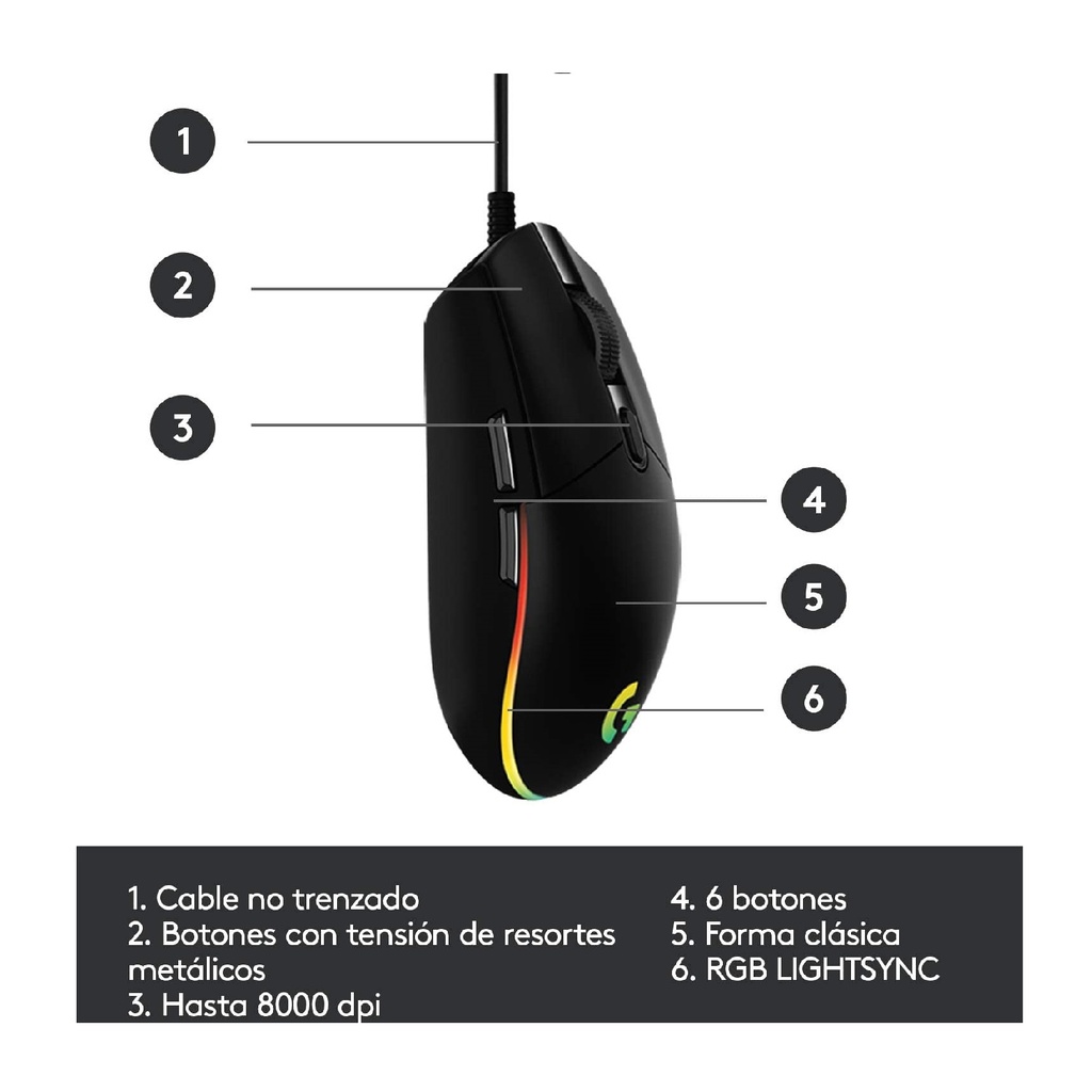 MOUSE LOGITECH G203 LIGHTSYNC 8000 DPI 6 BOTONES 1*USB-A
