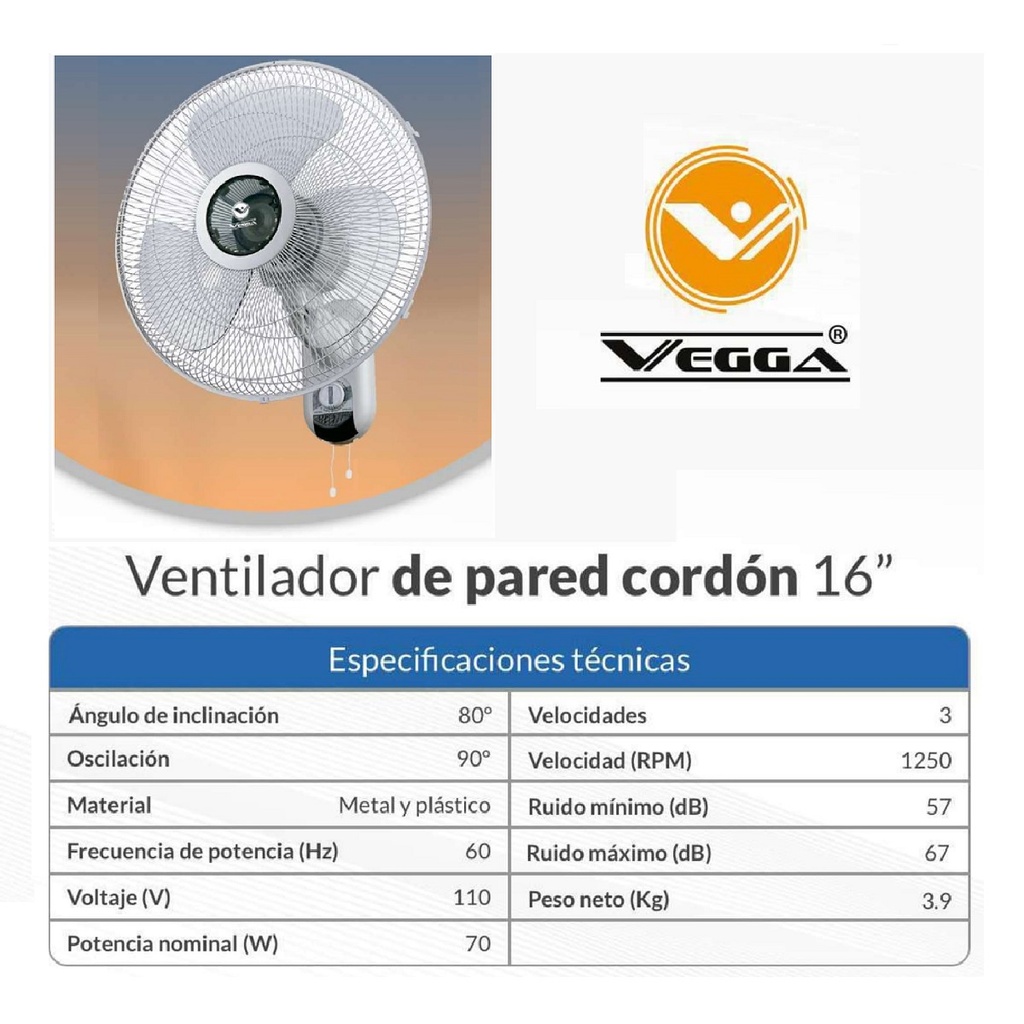 VENTILADOR DE PARED VEGGA VP-16C 16" CORDON