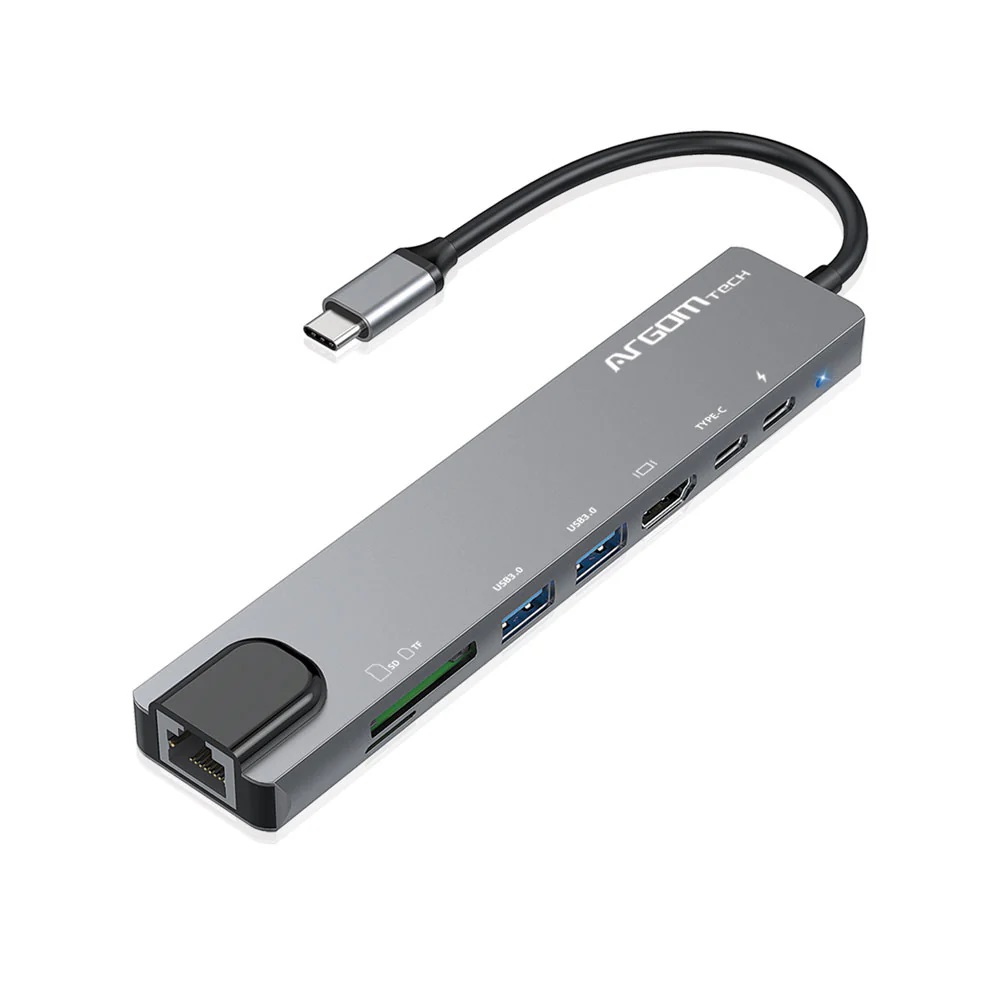 HUB ADAPTADOR TIPO-C 8 EN 1 ARGOM ARG-UB-0093 1*USB-C A 2*USB-A 3.0 1*HDMI 1*LECTOR TARJETAS 1*RJ-45