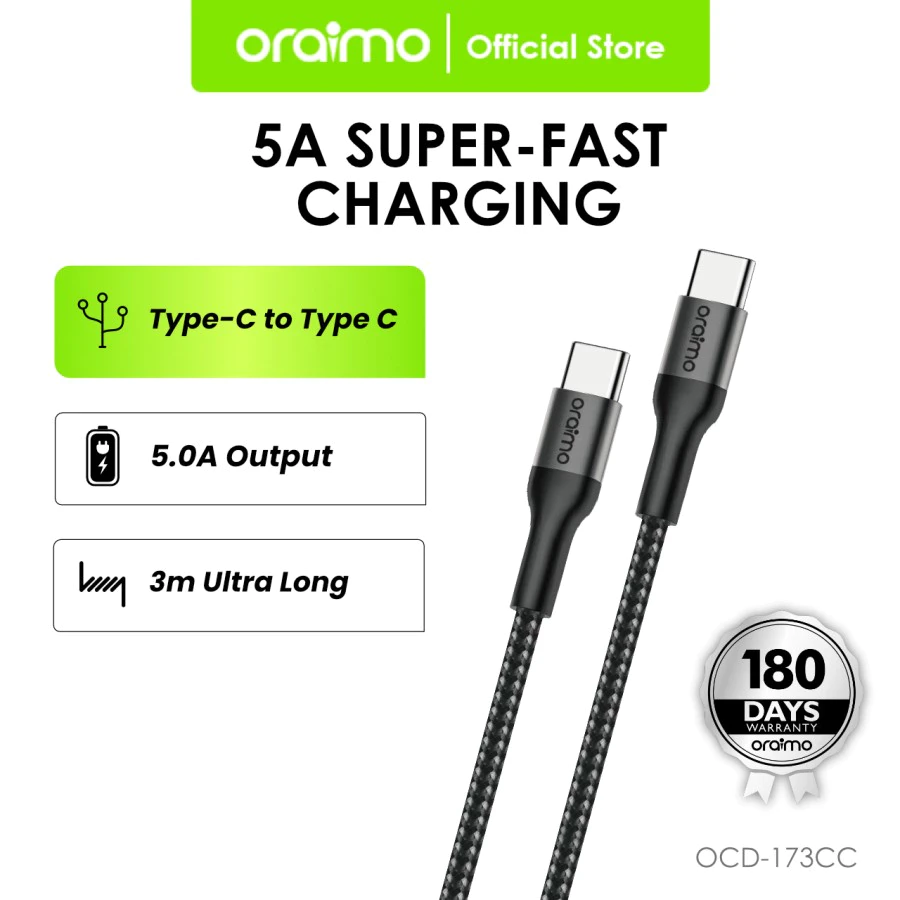 CABLE ORAIMO OCD-173CC 1*USB-C A 1*USB-C 3M 5A FORRO DE NYLON GRIS