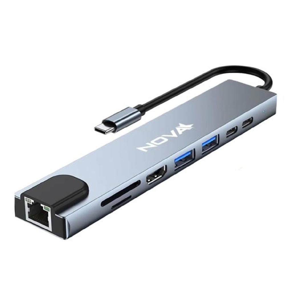 HUB ADAPTADOR USB NOVA FAA383CC 1*USB-C A 1*HDMI 4K 2*USB-A 3.0 1*RJ45 2*USB-C CARGA 87W LECTOR TARJETAS