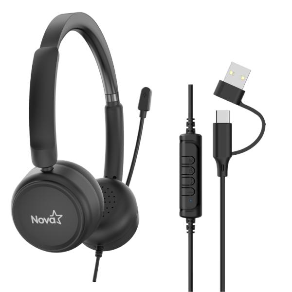 HEADSET NOVA FHS4416 CONT/VOLUMEN 1*USB-C ADAPT USB-A NEGRO