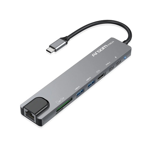 [ARG-UB-0093] HUB ADAPTADOR TIPO-C 8 EN 1 ARGOM ARG-UB-0093 1*USB-C A 2*USB-A 3.0 1*HDMI 1*LECTOR TARJETAS 1*RJ-45